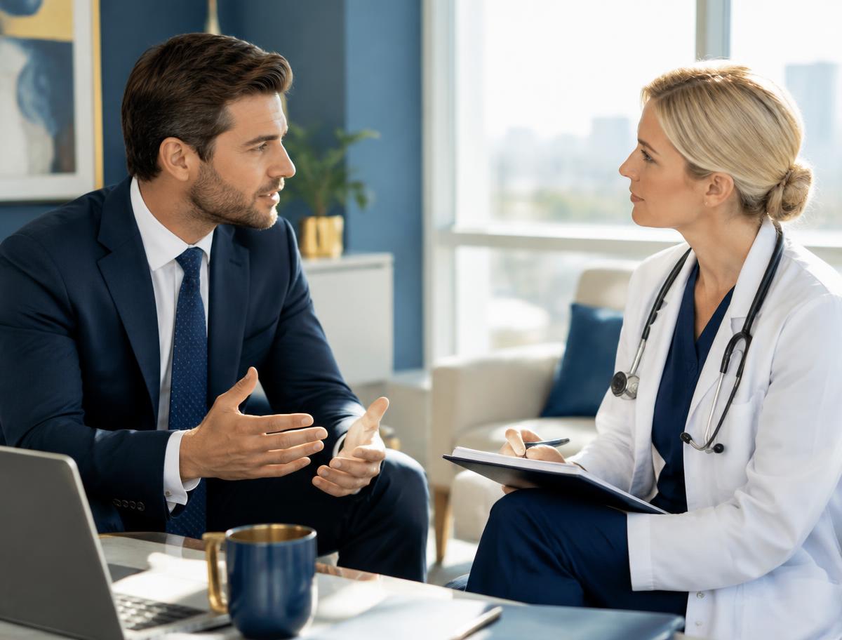 An advisor discussing a project with a healthcare professional