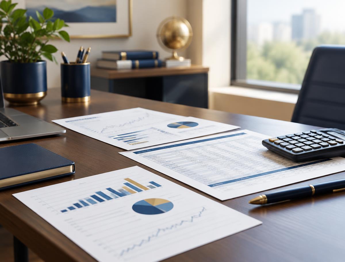 Financial reports and projections on an advisor's desk